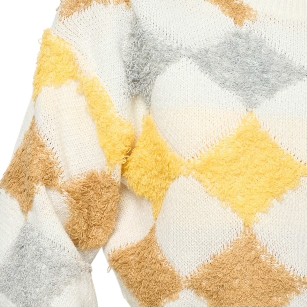 Textured Argyle Cropped Sweater Soft Fuzzy Knit Yellow Tan Gray S M L - Picture 4 of 6